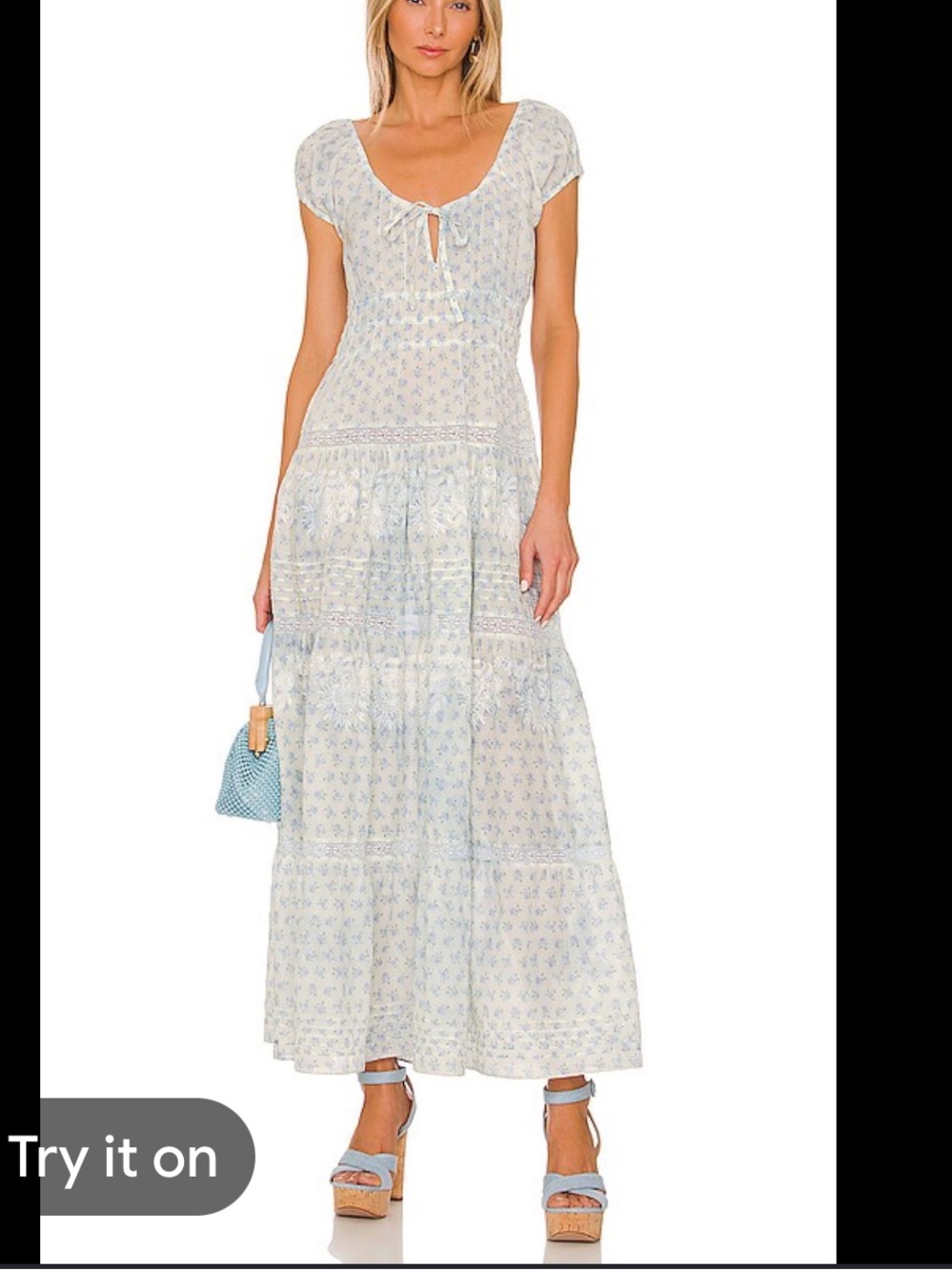 LoveShackFancy Magdaline Dress Pale Blue Floral Scoop-Neck Maxi Dress size S euc